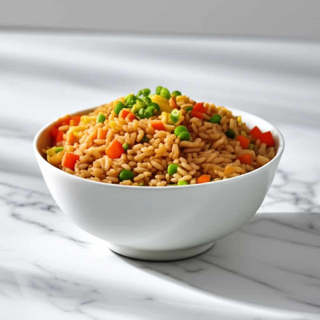 Hibachi fried rice with peas carrots and eggs in a white bowl