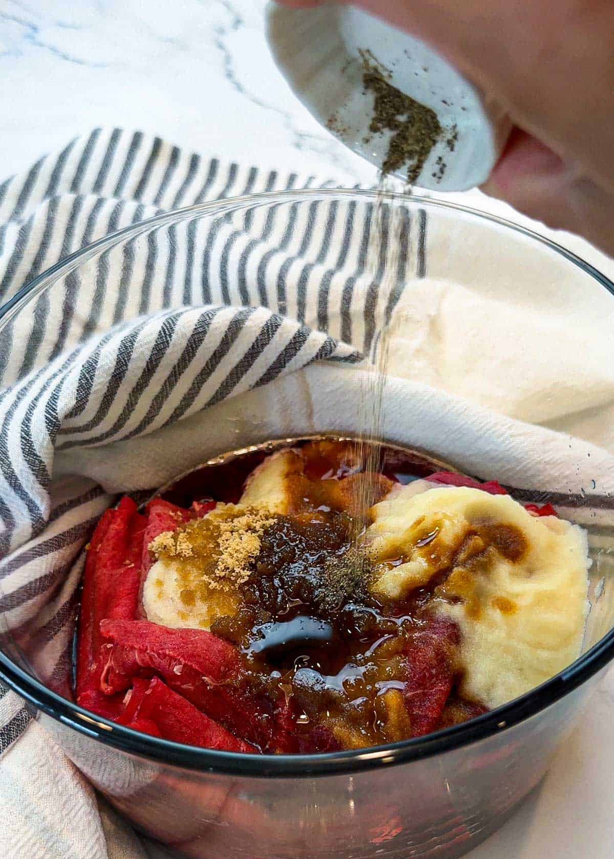 adding Seasoning ingredients for bulgogi beef.