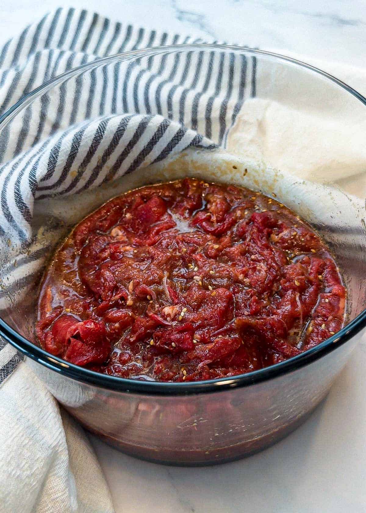 bowl of marinated bulgogi beef for cheesesteak