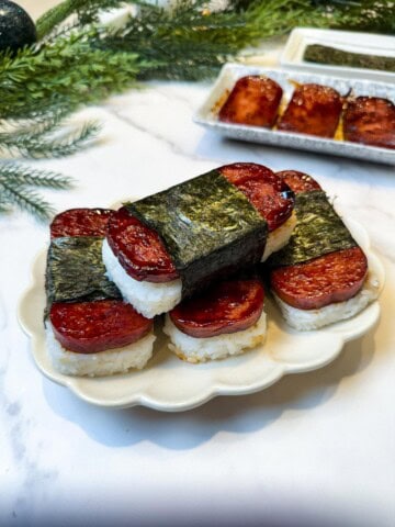 regular luncheon meat glazed with brown sauce over rice wrapped with seaweed.