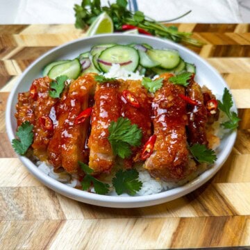 golden lava chicken thigh recipe served over rice