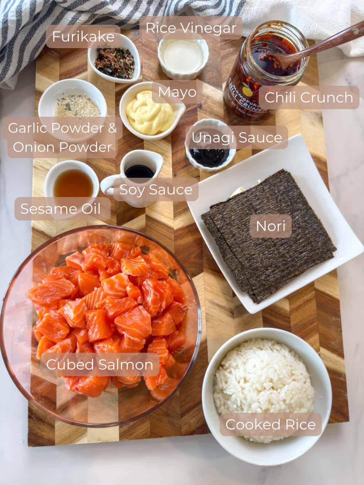 Salmon in a bowl and other ingredients