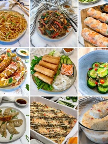 Collage of Asian Thanksgiving side dishes: garlic noodles, japchae, spring rolls, corn ribs, egg rolls, cucumber salad, dumplings, sushi bake and mango sago