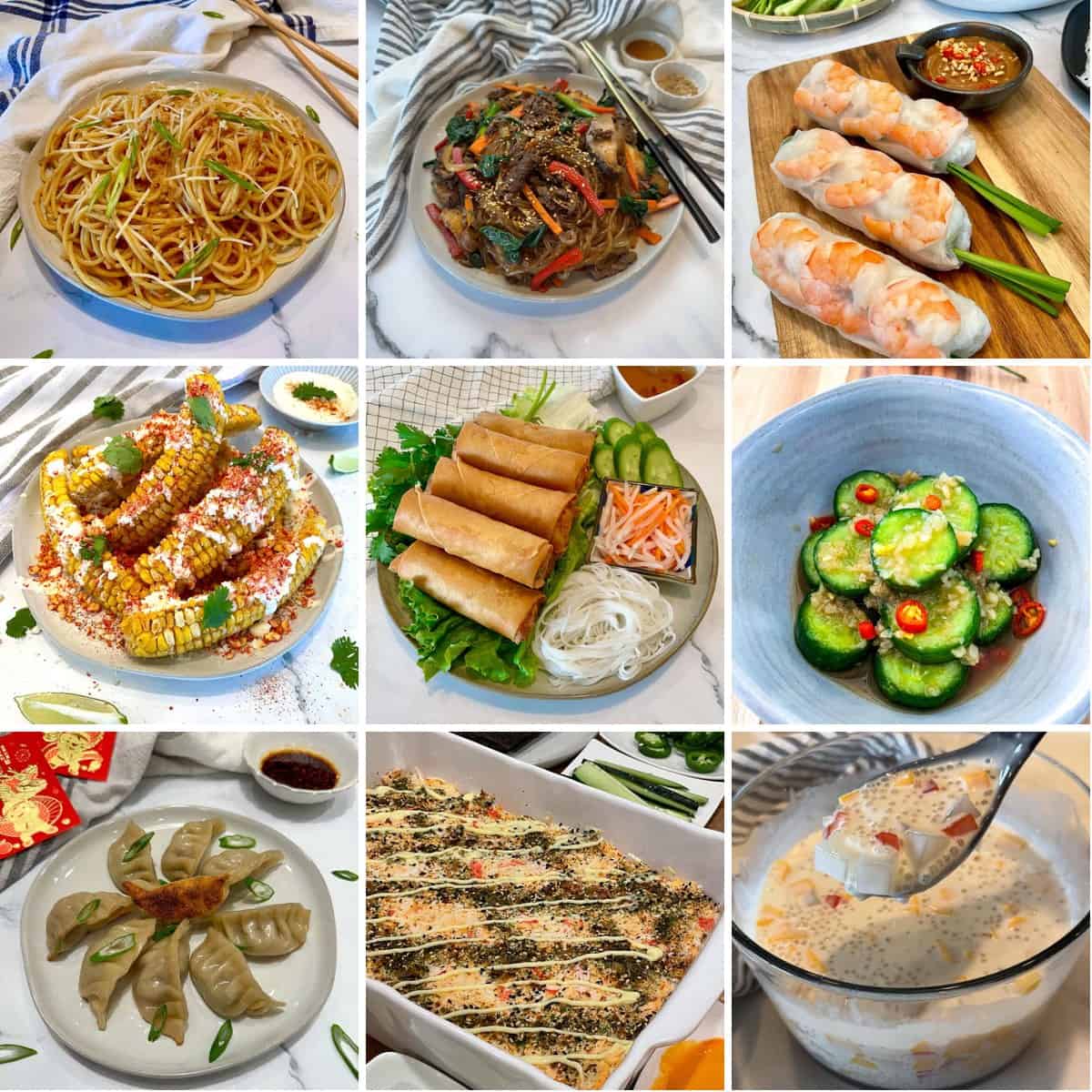 Collage of Asian Thanksgiving side dishes: garlic noodles, japchae, spring rolls, corn ribs, egg rolls, cucumber salad, dumplings, sushi bake and mango sago