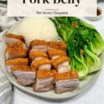 Pinterest pin for extra crispy Chinese roast pork belly with rice and bok choy