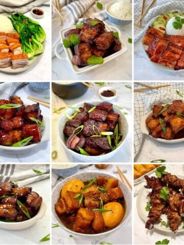 Collage of easy pork belly recipes: crispy roast pork belly, sticky pork belly bites, grilled pork belly and braised pork