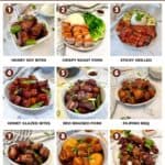 Numbered grid of 9 easy pork belly recipes including honey soy bites, crispy roast pork, sticky grilled pork belly and red braised pork